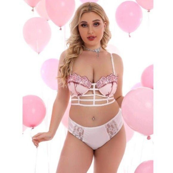 16 Plus Pink Flower Embroidery Hollow Out Underwire Bra 40F,40G,42D,42E,42F,44C, - Picture 5 of 6